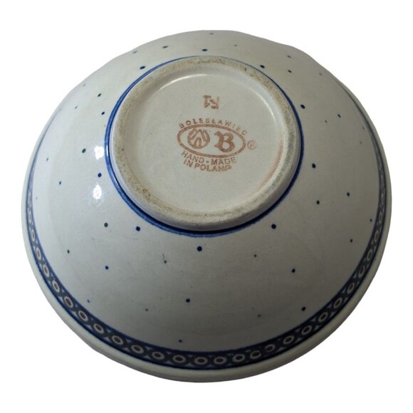 Handmade Boleslawiec Polish Pottery Bowl 7.5" Blue & White with Dotted Pattern - Picture 4 of 8
